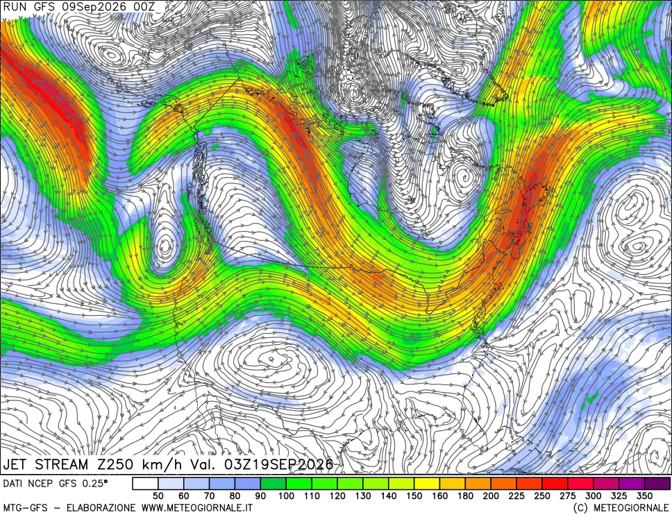 mappa 250 hPa Jet stream