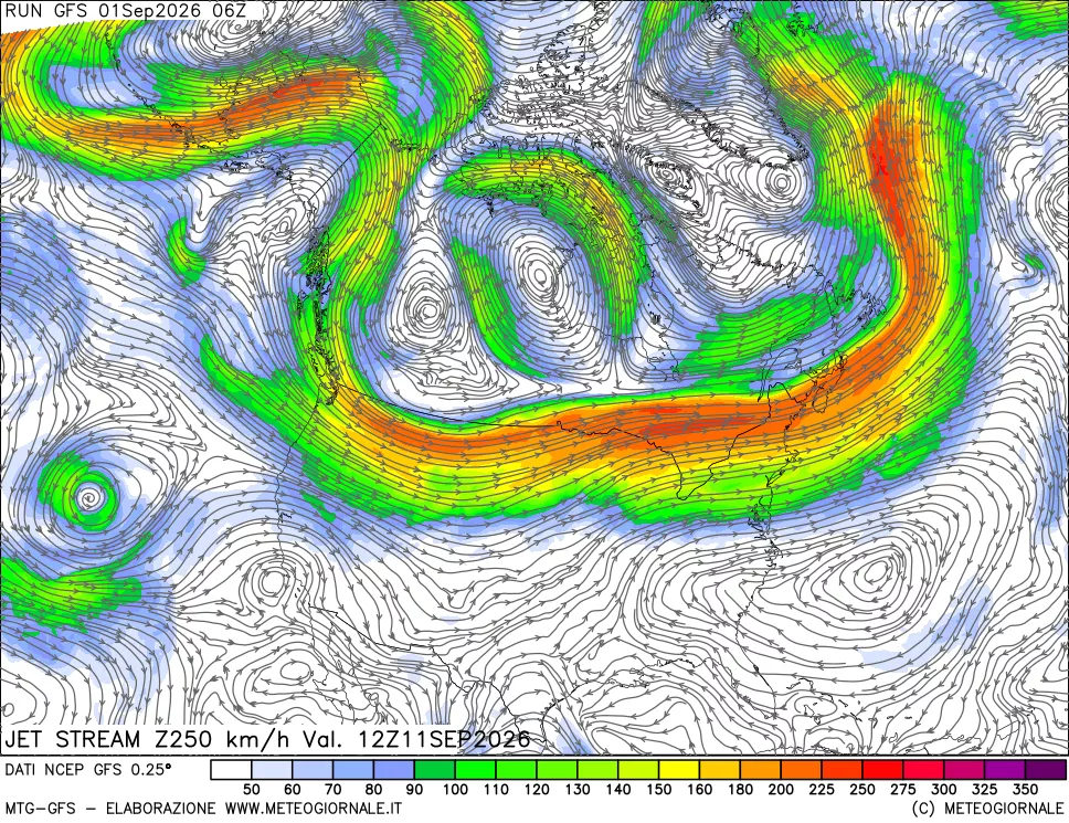 mappa 250 hPa Jet stream
