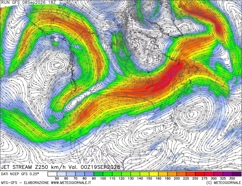 mappa 250 hPa Jet stream