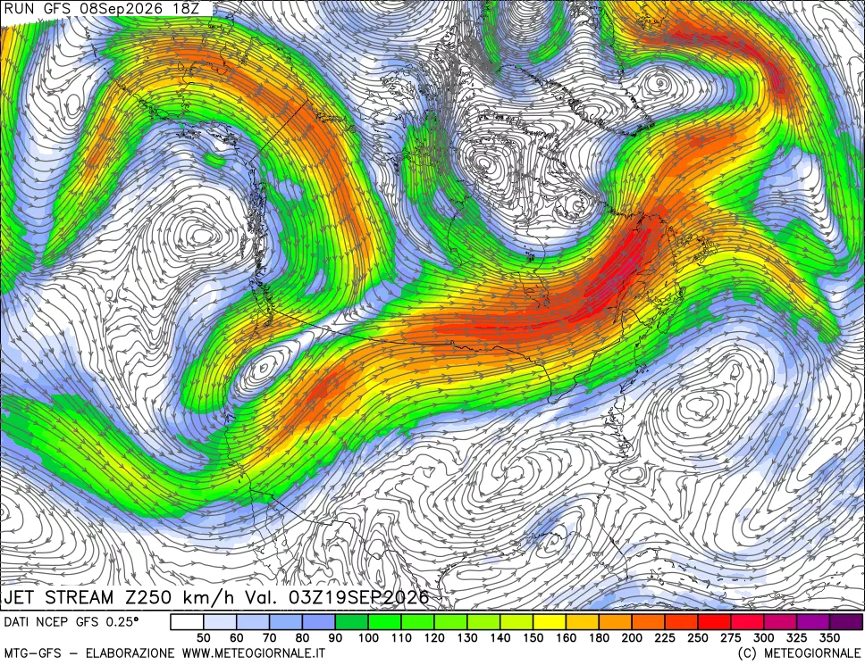 mappa 250 hPa Jet stream