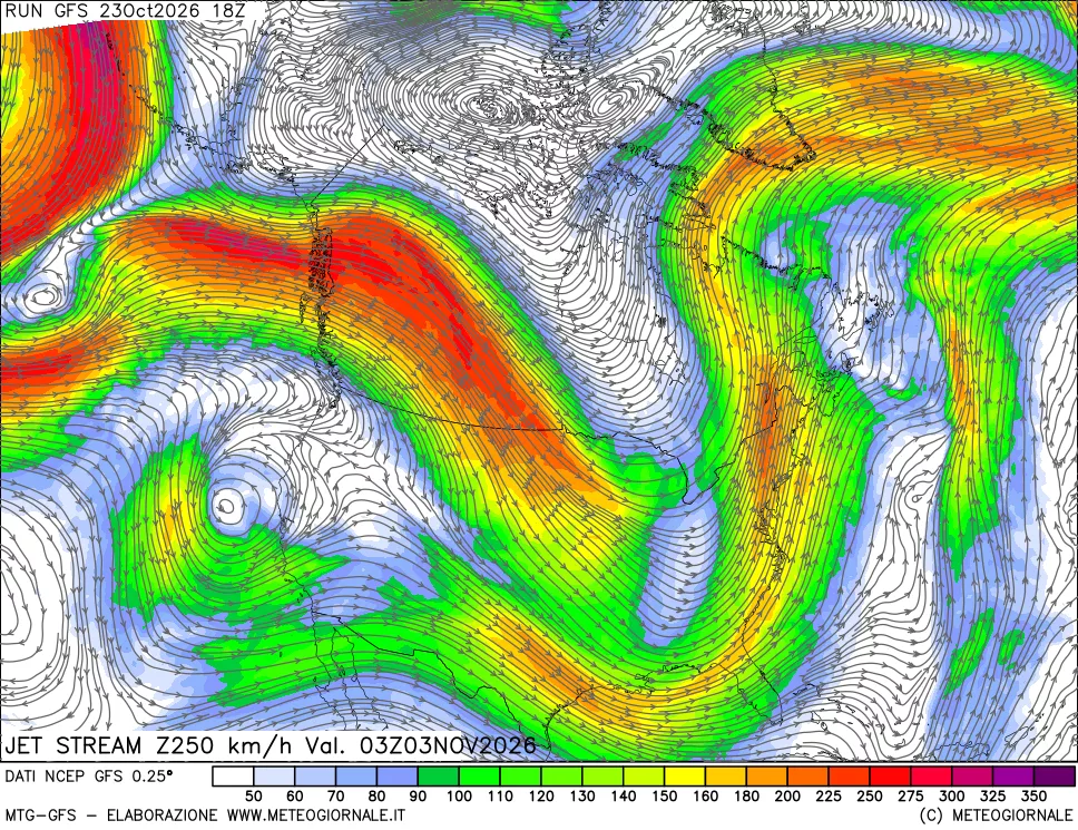 mappa 250 hPa Jet stream