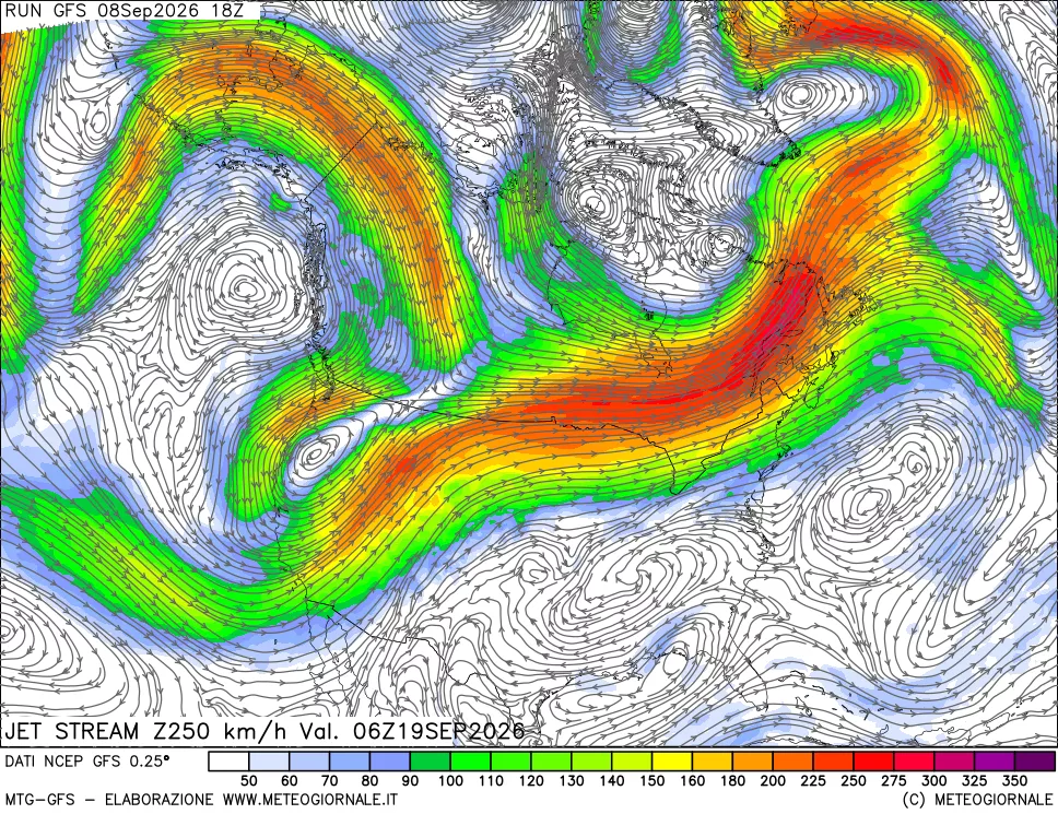 mappa 250 hPa Jet stream