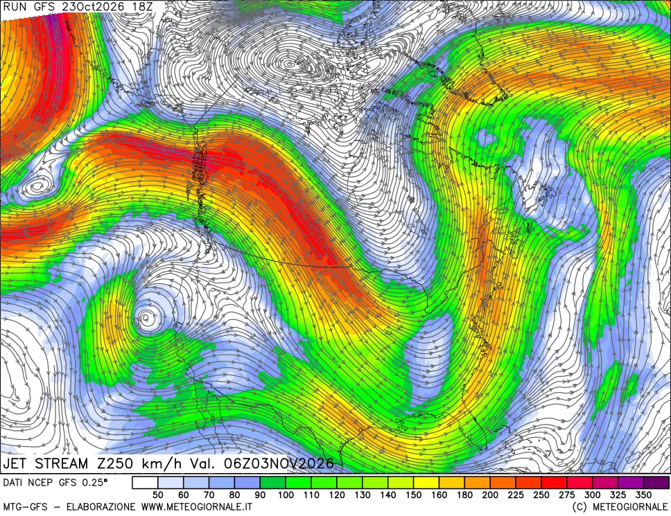 mappa 250 hPa Jet stream