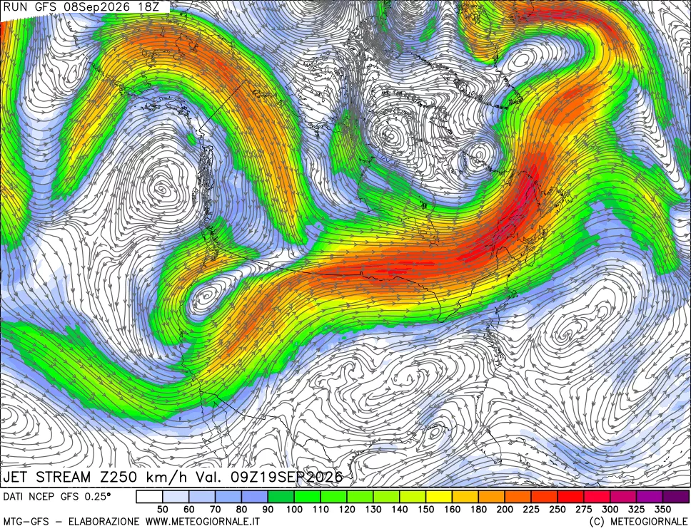 mappa 250 hPa Jet stream