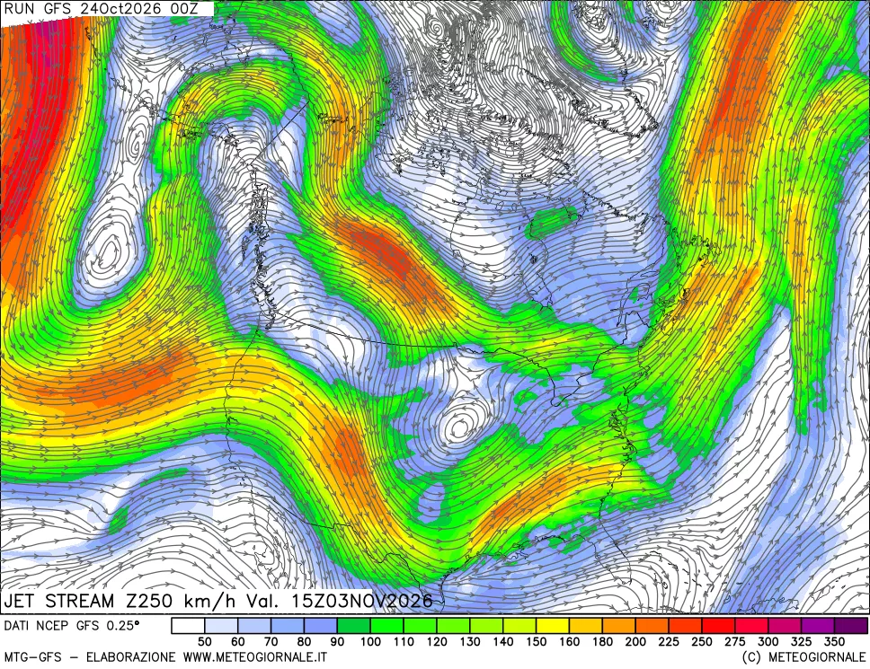 mappa 250 hPa Jet stream