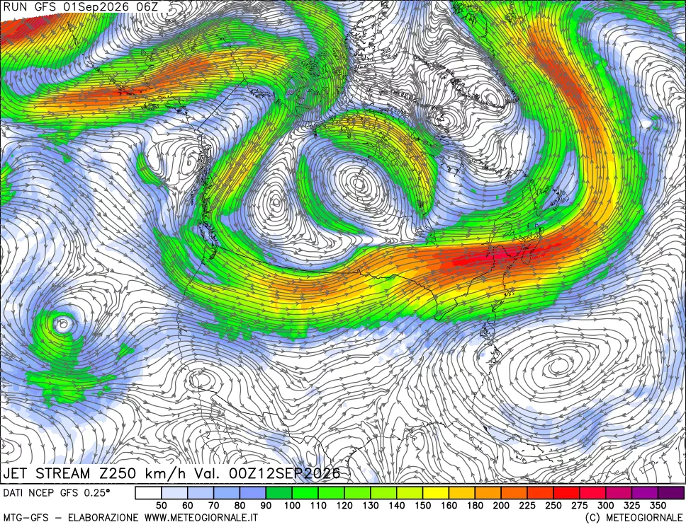 mappa 250 hPa Jet stream