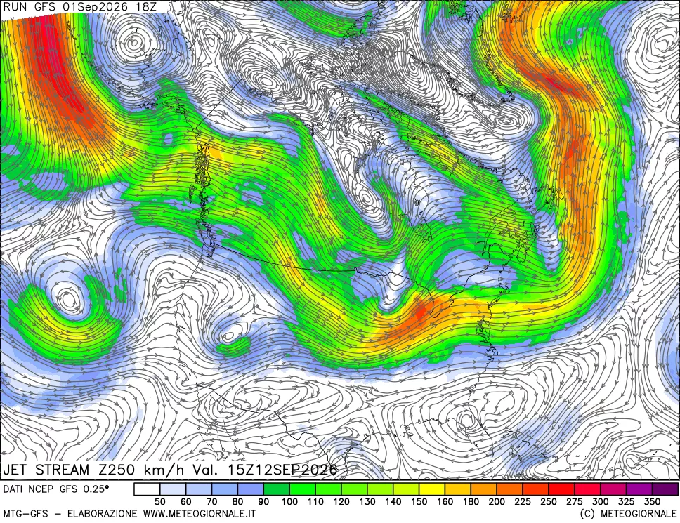 mappa 250 hPa Jet stream