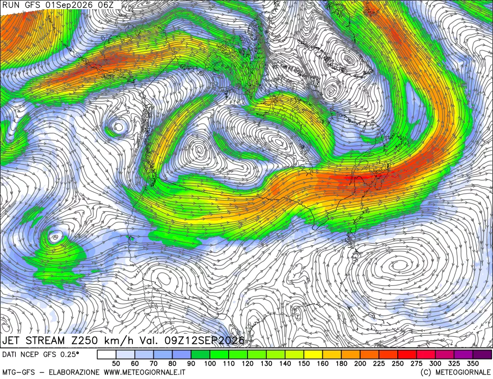 mappa 250 hPa Jet stream