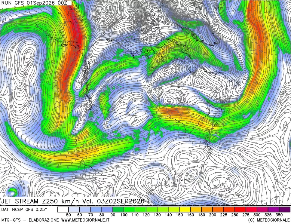 mappa 250 hPa Jet stream