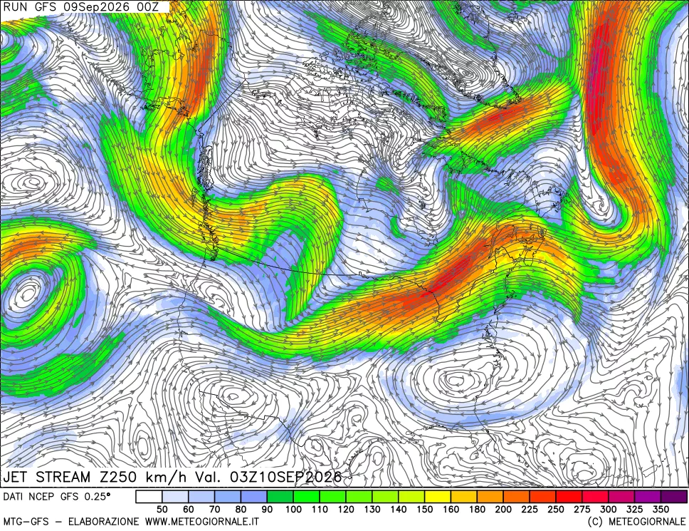 mappa 250 hPa Jet stream