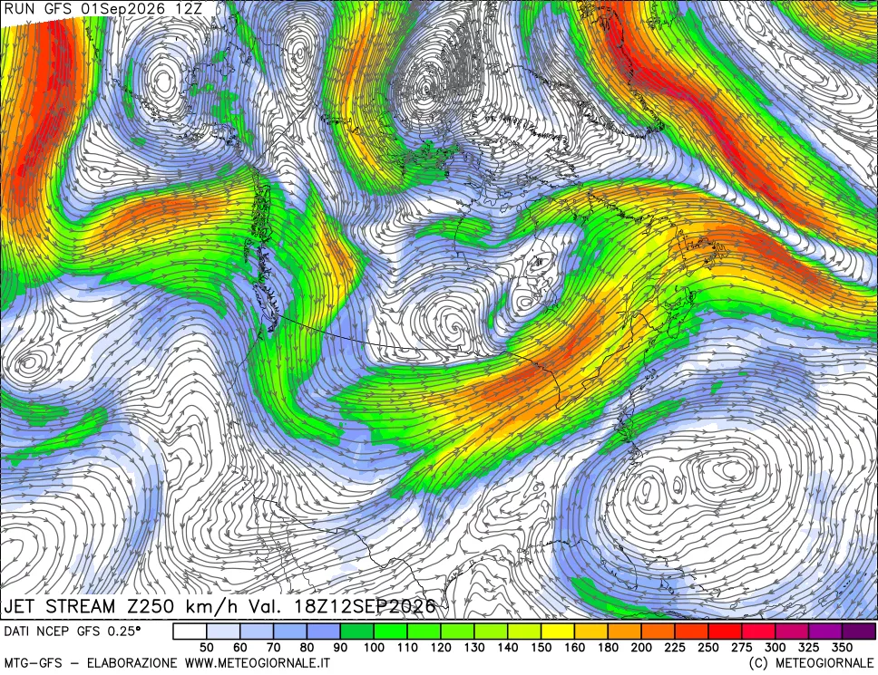 mappa 250 hPa Jet stream