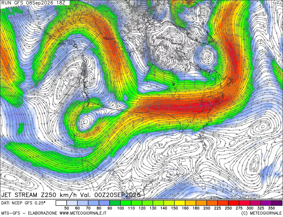 mappa 250 hPa Jet stream