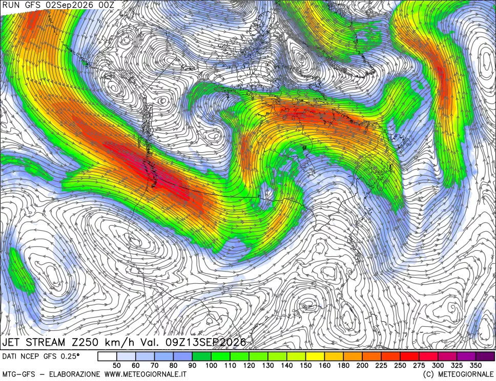 mappa 250 hPa Jet stream