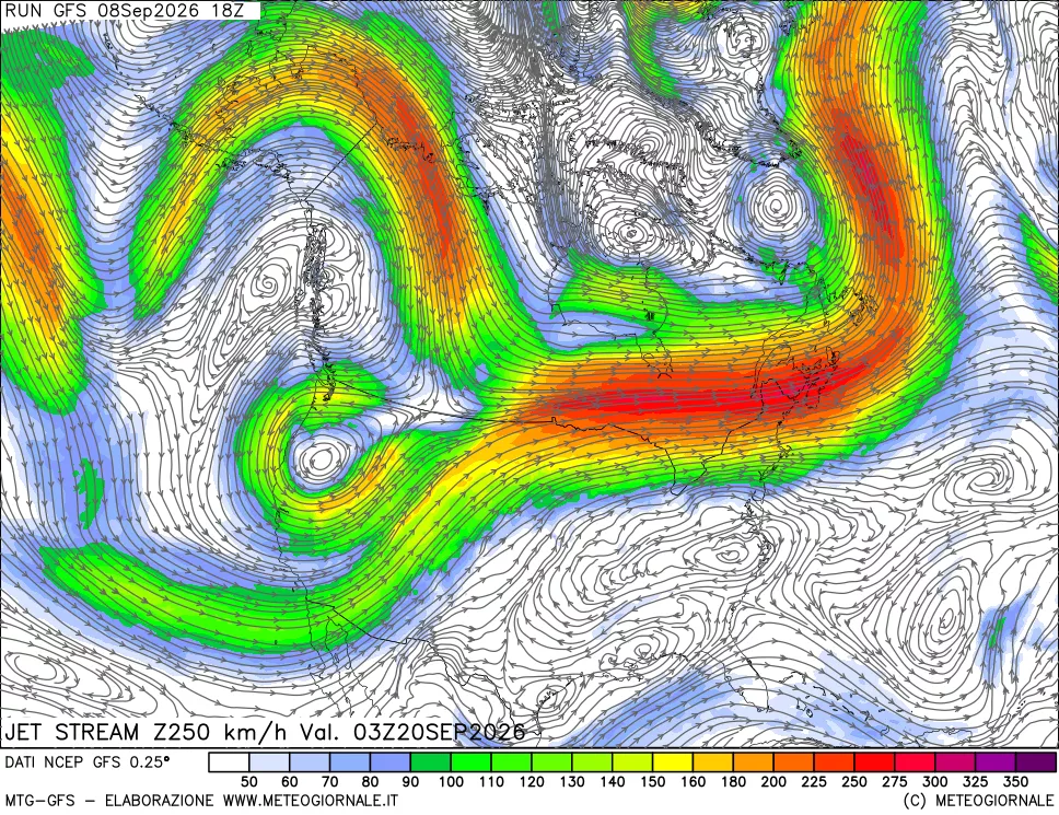 mappa 250 hPa Jet stream