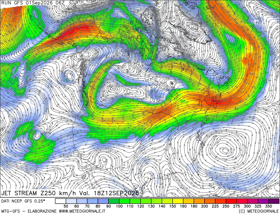 mappa 250 hPa Jet stream