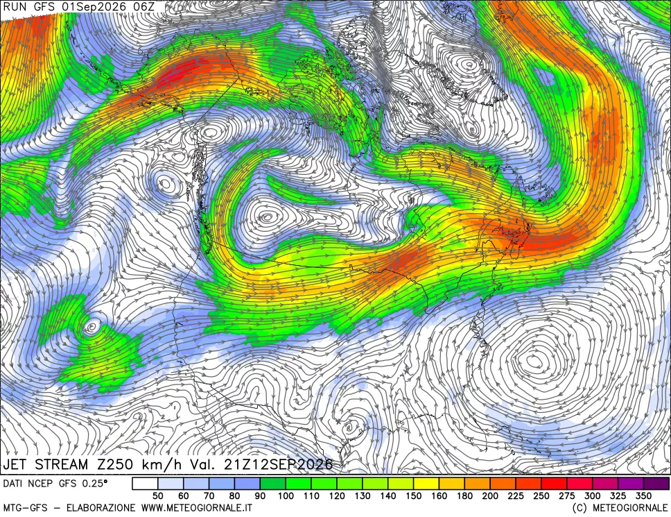 mappa 250 hPa Jet stream