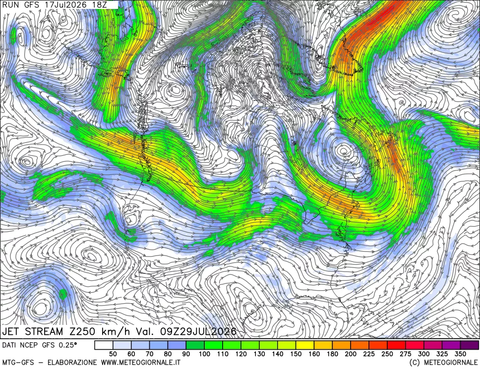 mappa 250 hPa Jet stream