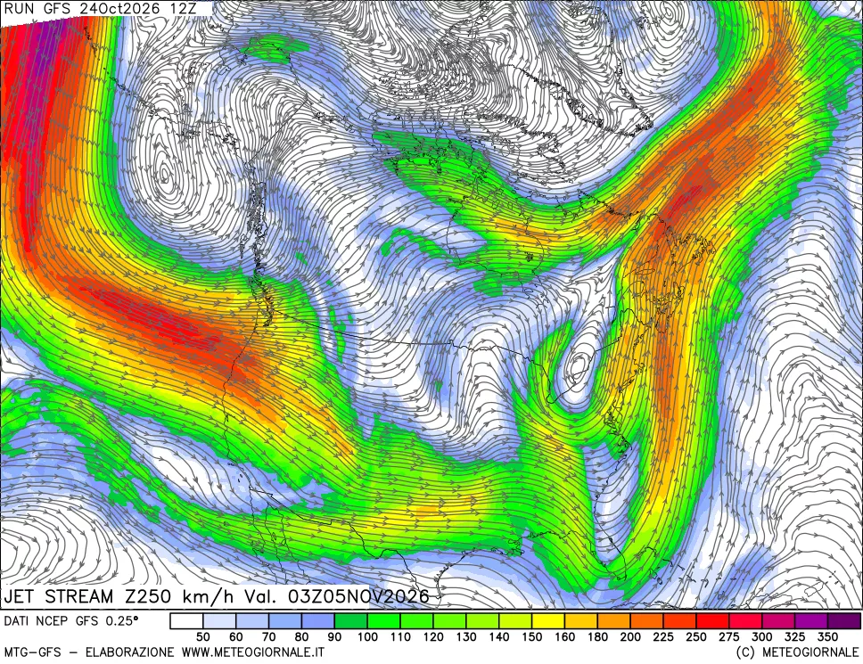 mappa 250 hPa Jet stream