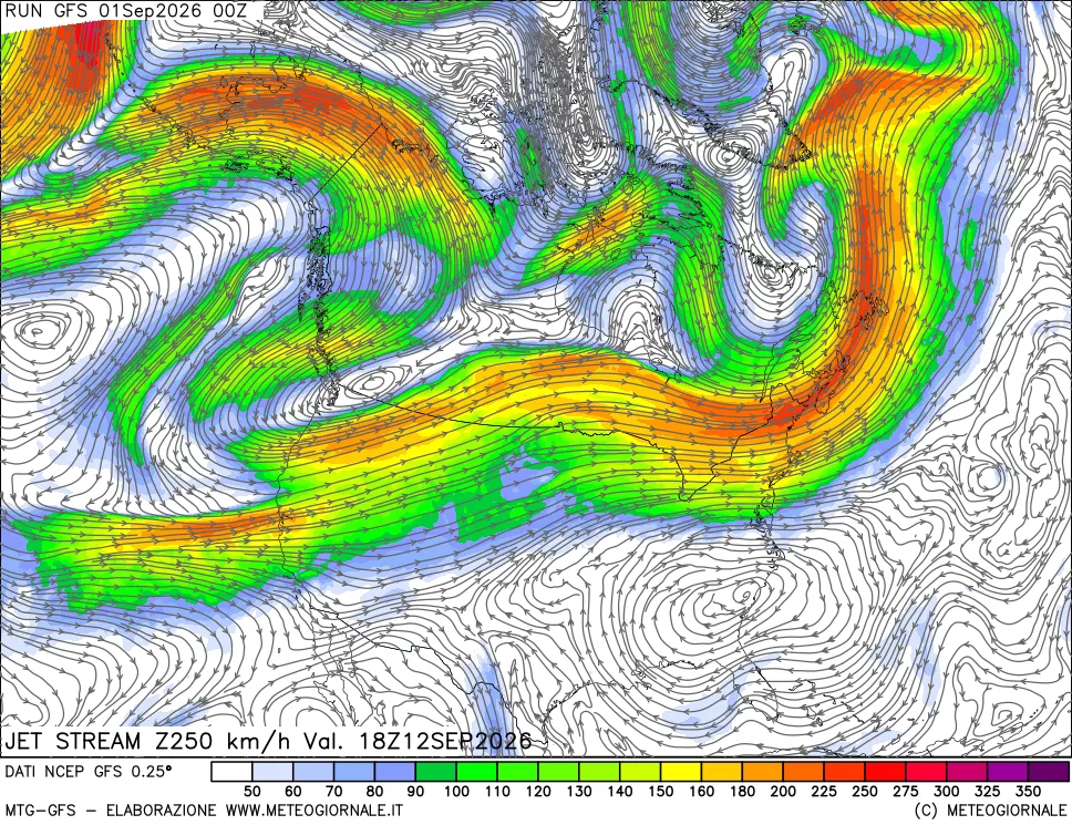 mappa 250 hPa Jet stream