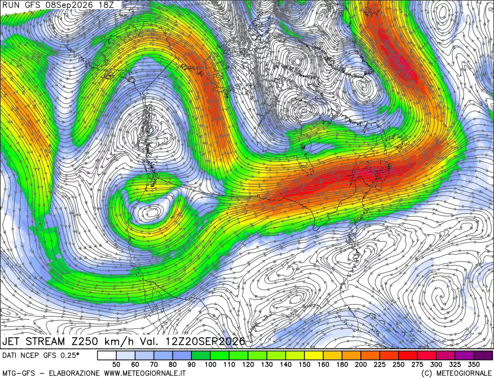 mappa 250 hPa Jet stream