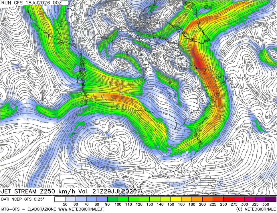 mappa 250 hPa Jet stream