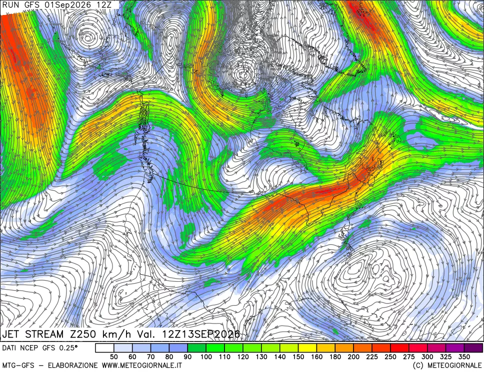 mappa 250 hPa Jet stream