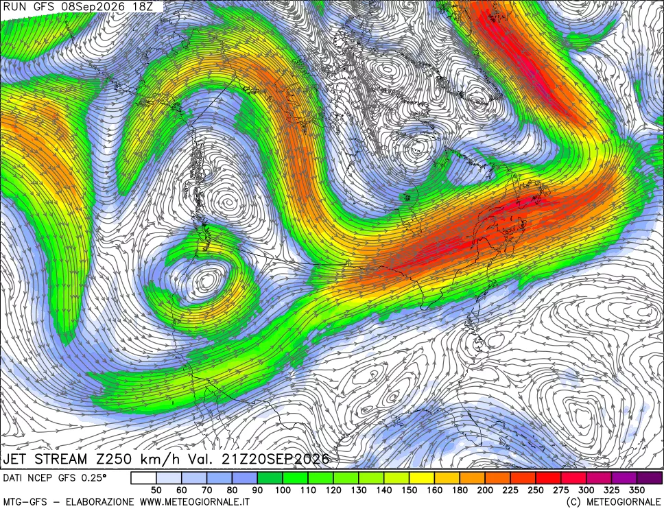 mappa 250 hPa Jet stream