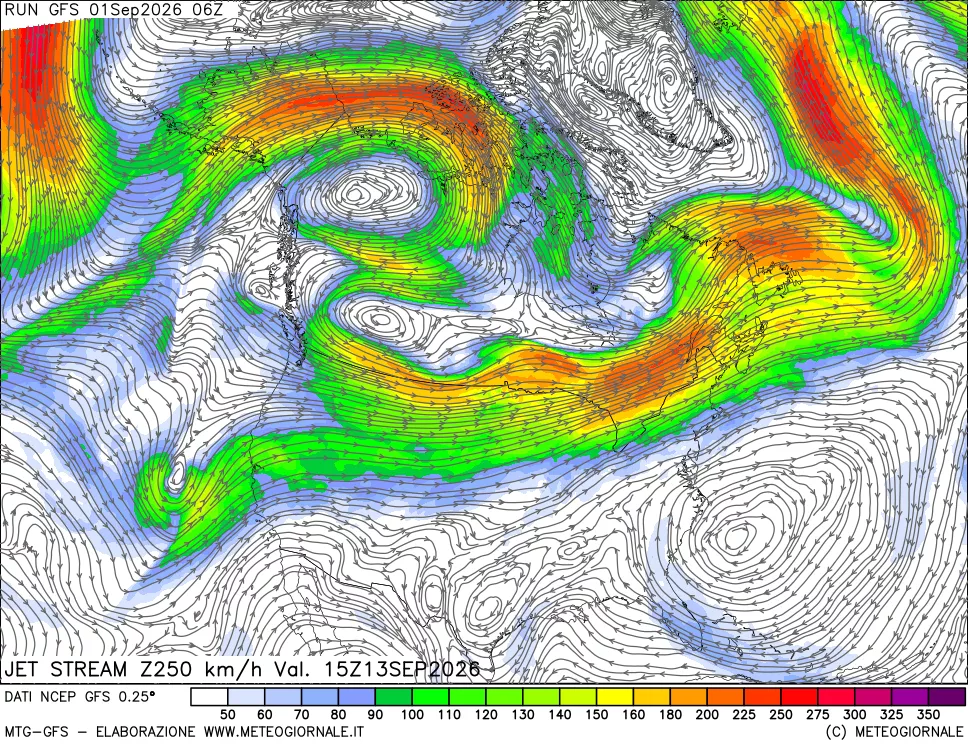 mappa 250 hPa Jet stream