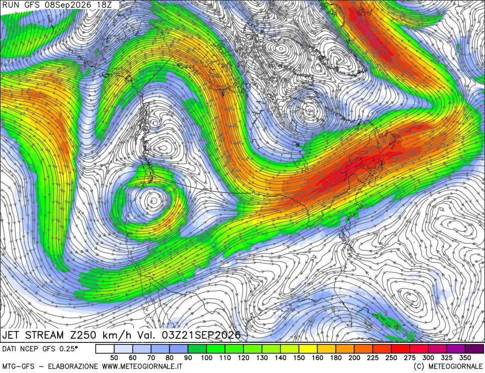 mappa 250 hPa Jet stream