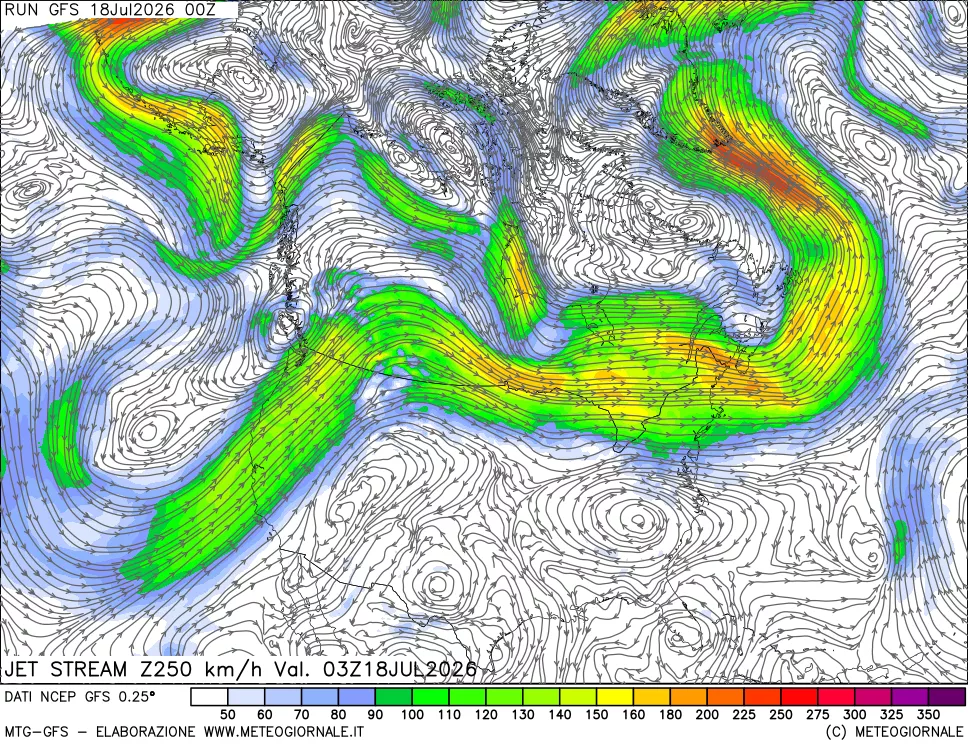 mappa 250 hPa Jet stream