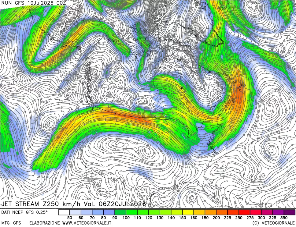 mappa 250 hPa Jet stream