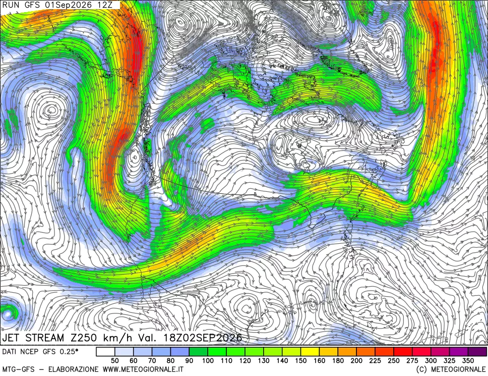 mappa 250 hPa Jet stream