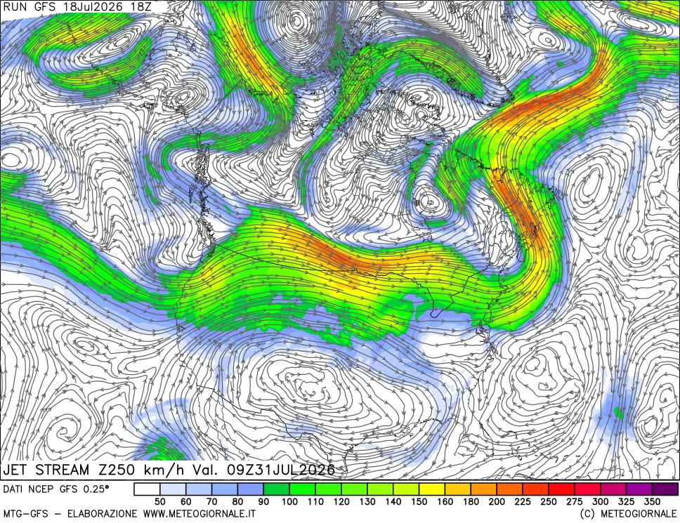 mappa 250 hPa Jet stream