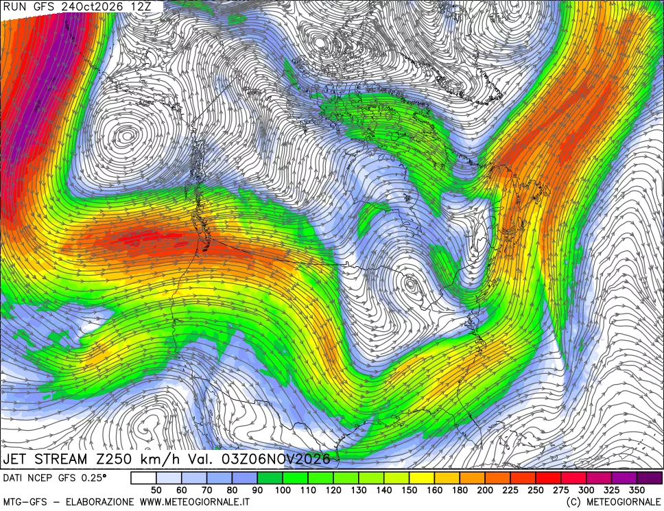 mappa 250 hPa Jet stream