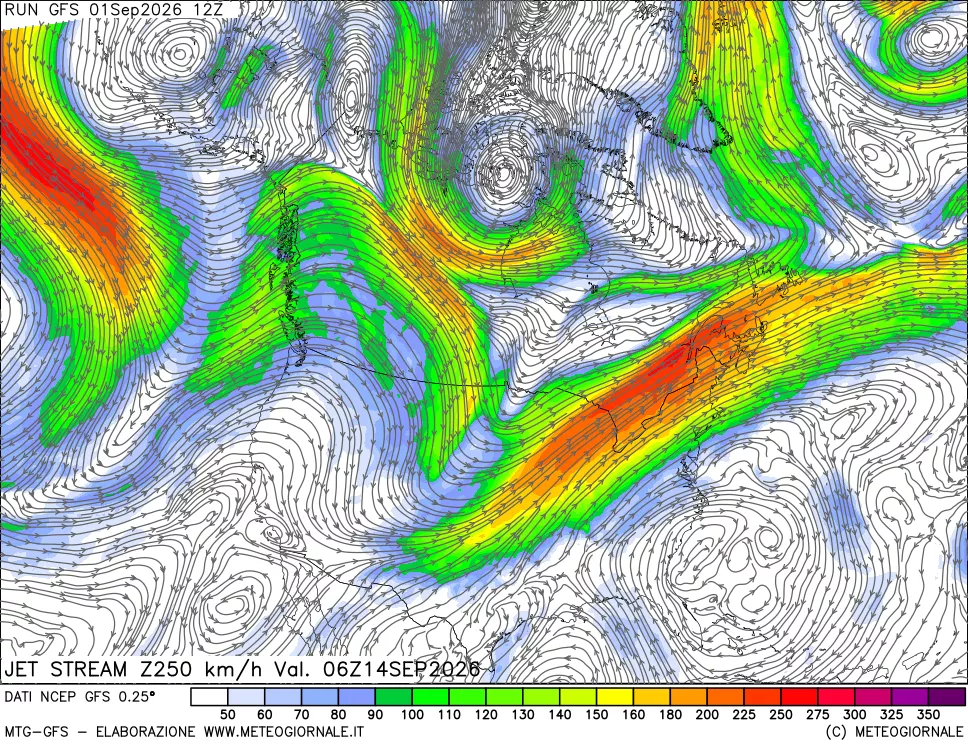 mappa 250 hPa Jet stream