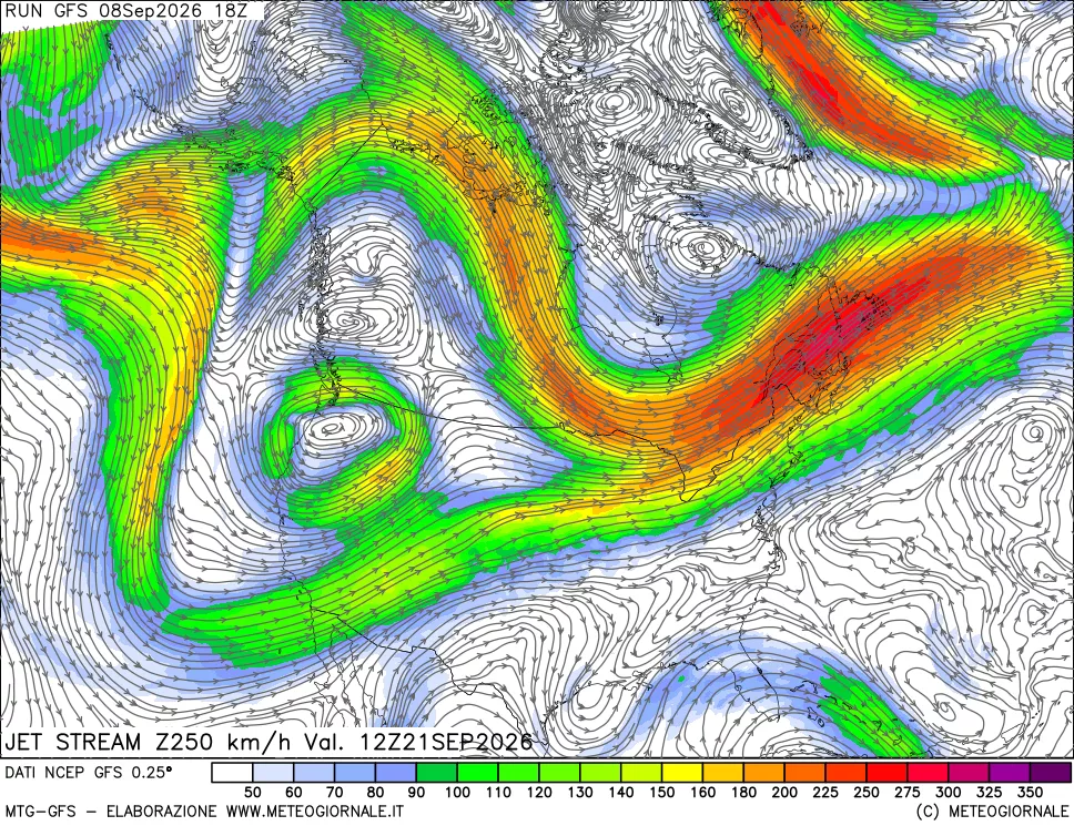 mappa 250 hPa Jet stream