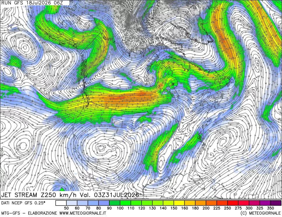 mappa 250 hPa Jet stream