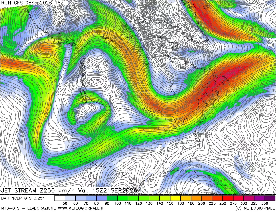 mappa 250 hPa Jet stream