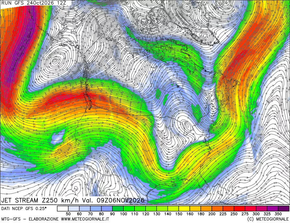 mappa 250 hPa Jet stream