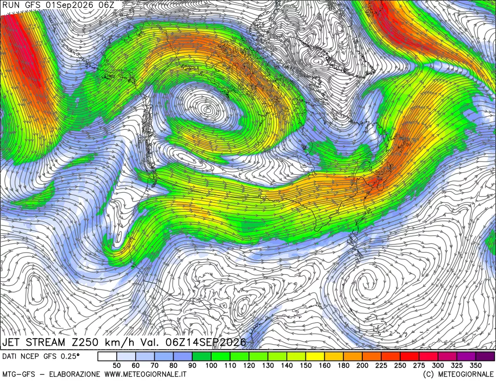 mappa 250 hPa Jet stream