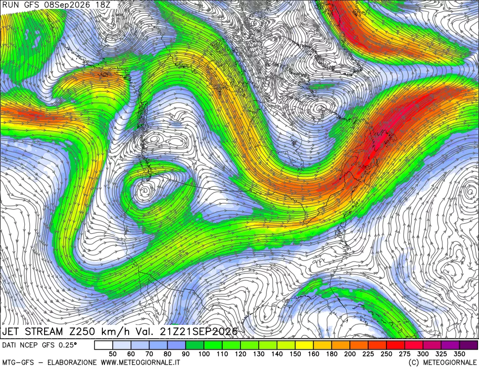 mappa 250 hPa Jet stream