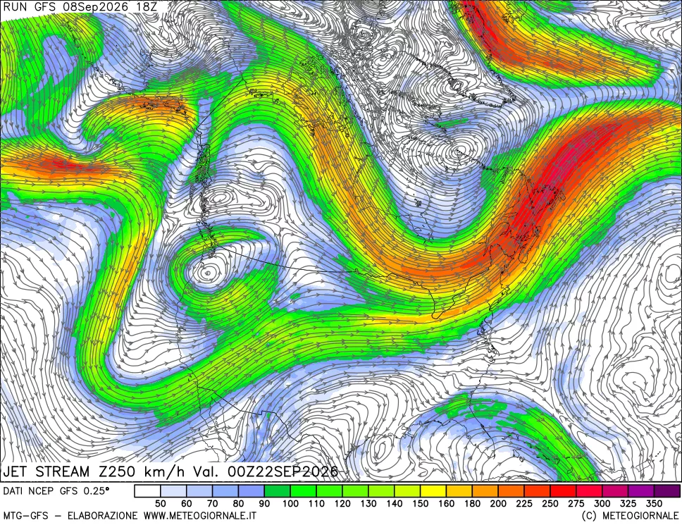 mappa 250 hPa Jet stream