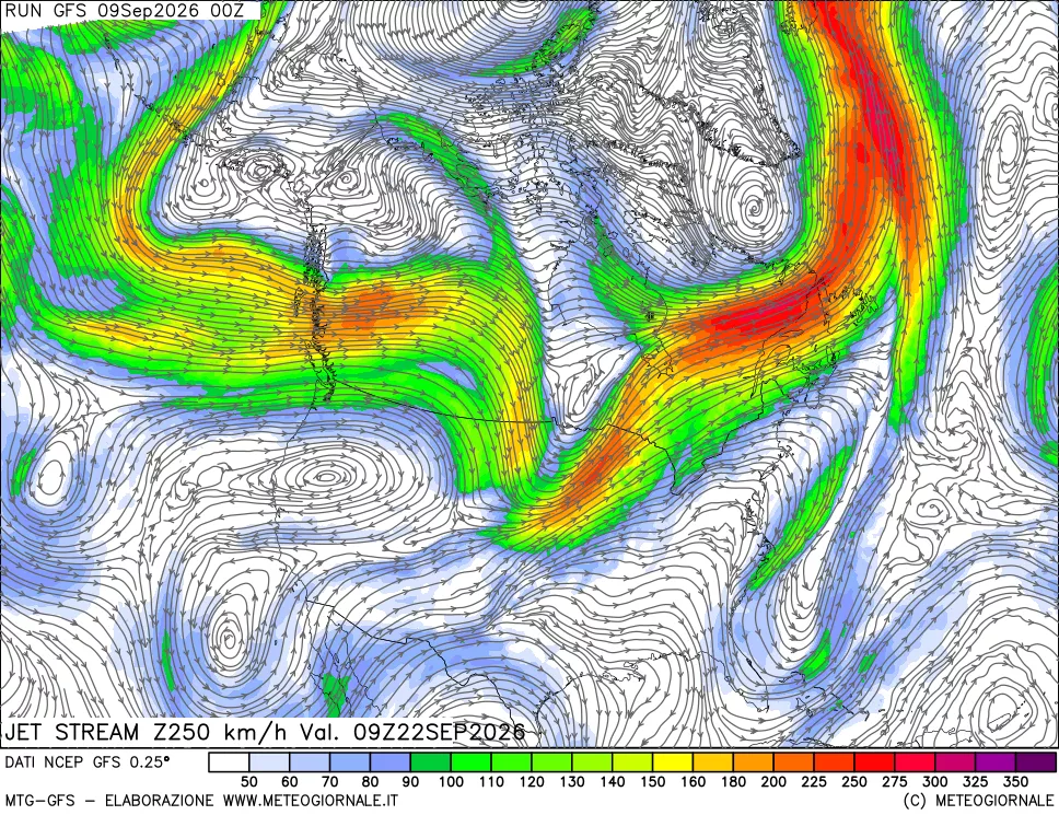 mappa 250 hPa Jet stream