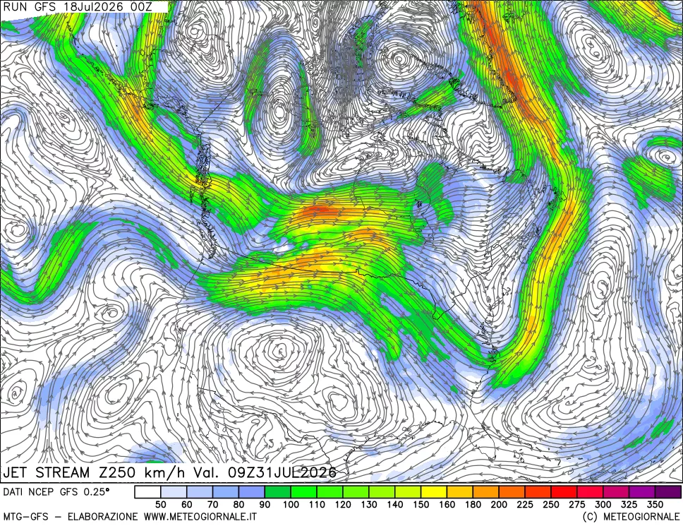 mappa 250 hPa Jet stream