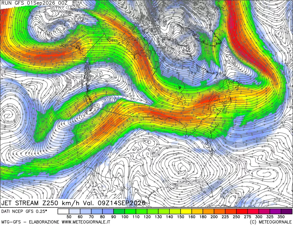 mappa 250 hPa Jet stream
