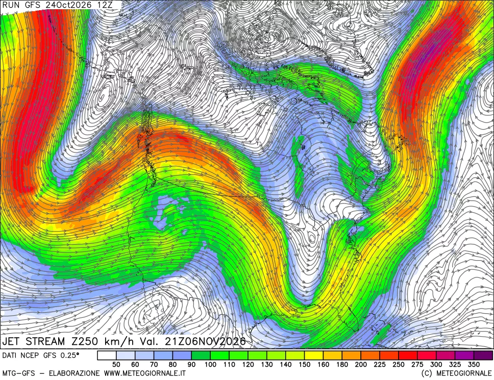 mappa 250 hPa Jet stream