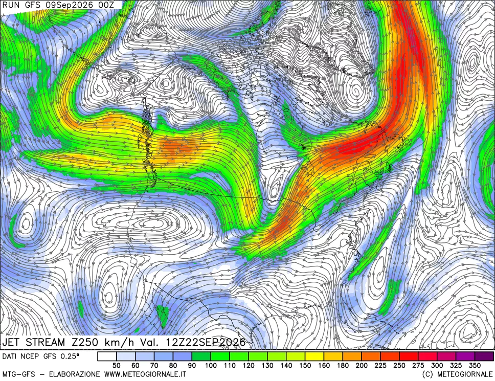 mappa 250 hPa Jet stream