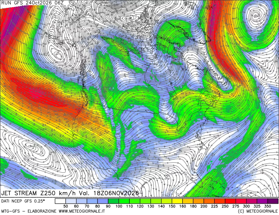 mappa 250 hPa Jet stream