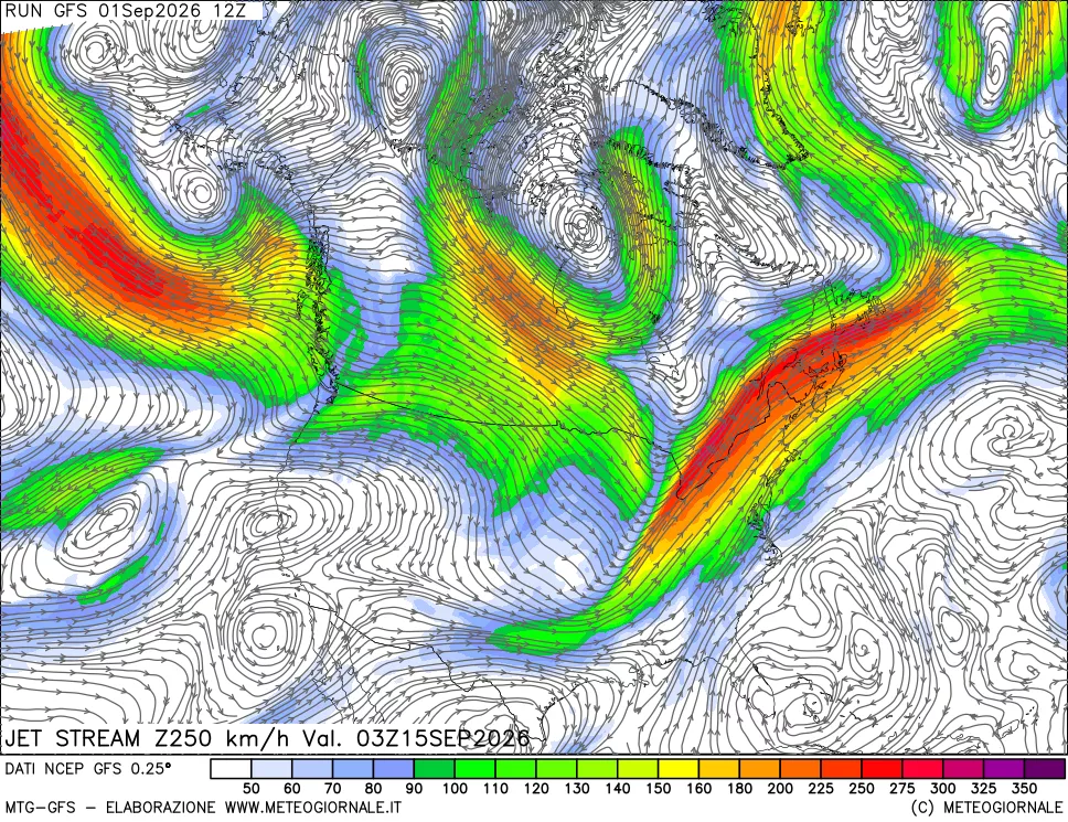 mappa 250 hPa Jet stream
