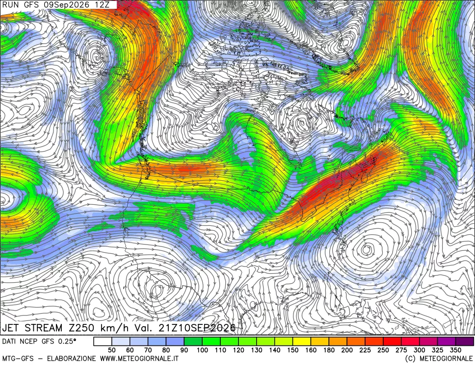 mappa 250 hPa Jet stream